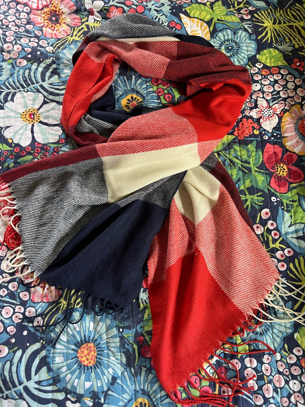 Carmine Red, Navy Blue & Cream Colorblock Knit Scarf / Stadium Blanket